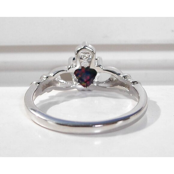 925 STERLING SILVER Dainty Lab Created Black Opal CZ Celtic Claddagh Ring - Picture 10 of 16